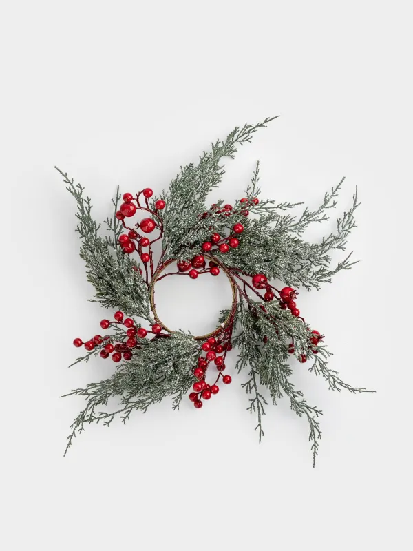 Венок декоративный, 8/45 см, пластик/пенопласт, Хвоя с красными ягодами, Red berry, image-0