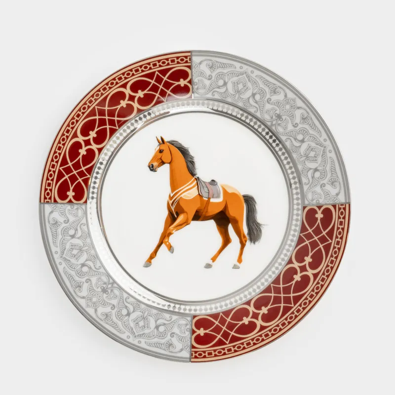 Тарелка закусочная, 21 см, фарфор F, бело-бордовая, с серебристым кантом, Лошадь, Breton horse