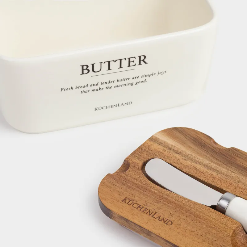 Масленка, 16 см, с ножом, керамика/дерево, прямоугольная, молочная, Course, image-6