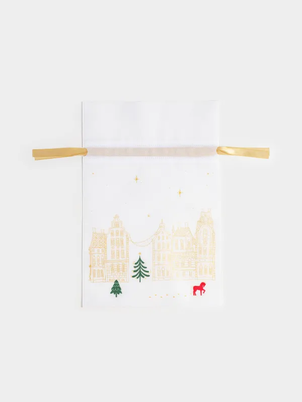 Мешок подарочный, 30х45 см, с завязками, полипропилен, белый, Домики и лошадь, Snow sparks, image-0