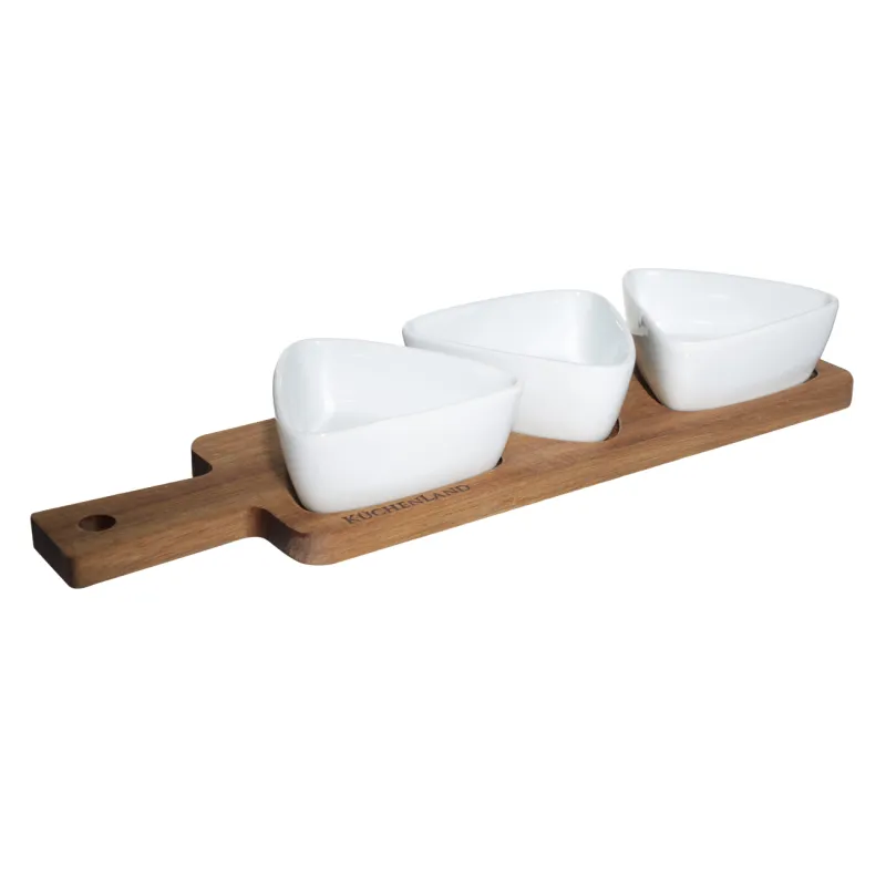 Набор для закусок, 3 пр, на подставке, керамика/дерево, белый, Треугольники, Noble tree