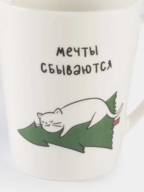 Кружка, 420 мл, фарфор N, белая, Кот на елке, Cat, image-2
