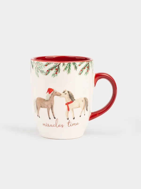 Кружка, 330 мл, керамика, бело-бордовая, Лошадки целуются, Horse christmas, image-0