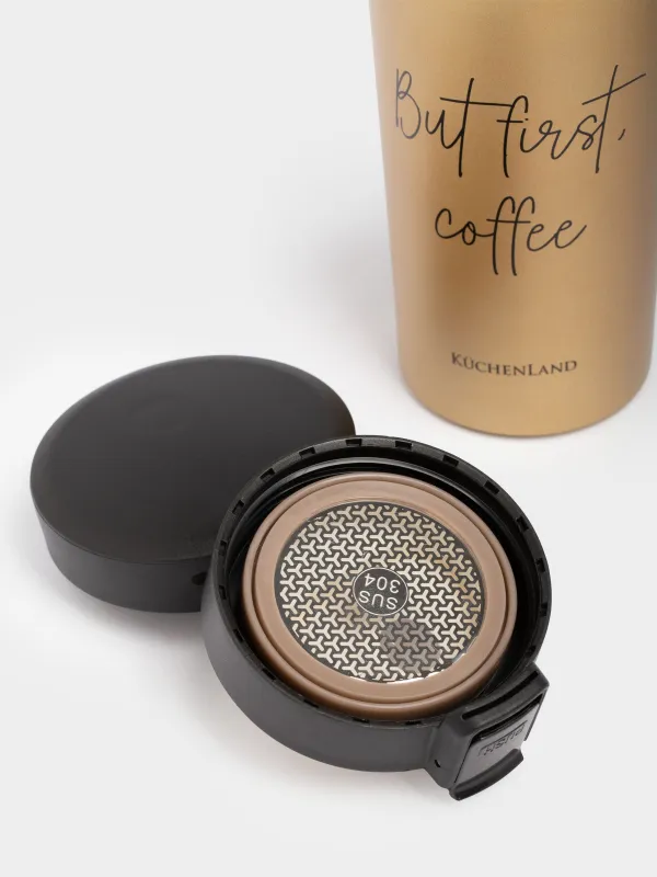 Термокружка, 380 мл, сталь/пластик, золотистая, матовая, But first, cofee, Voyage, image-3