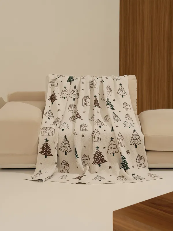 Плед, 130х170 см, полиэстер/хлопок, молочно-зеленый, Елки и дома, Tree, image-1