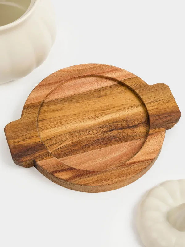 Кокотница, 13 см, 530 мл, с крышкой, на подставке, керамика/дерево, кремовая, Тыква, Gourd, image-5