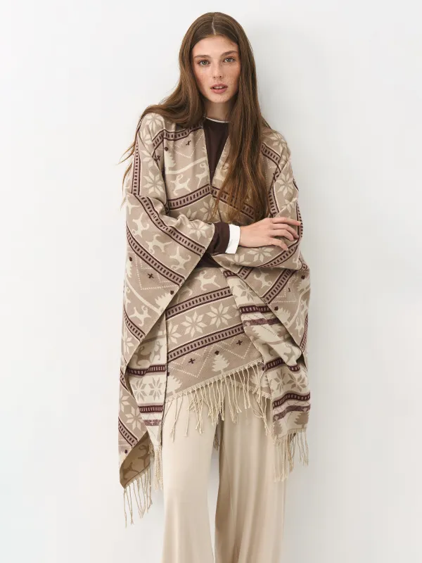 Пончо с бахромой, бежевое, Poncho, image-1