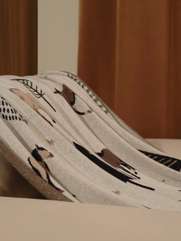 Плед, 130х170 см, хлопок/люрекс, белый, Лошади и елки, Forest horse, image-2