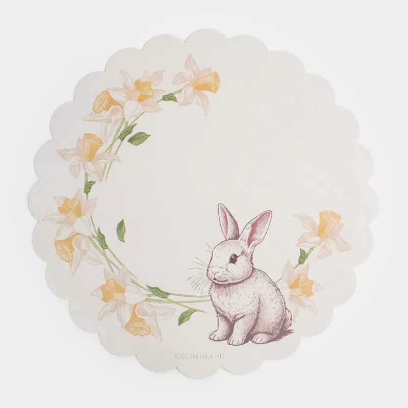 Салфетка под приборы, 38 см, ПВХ, фигурная, молочная, Кролик и нарциссы, Rock print