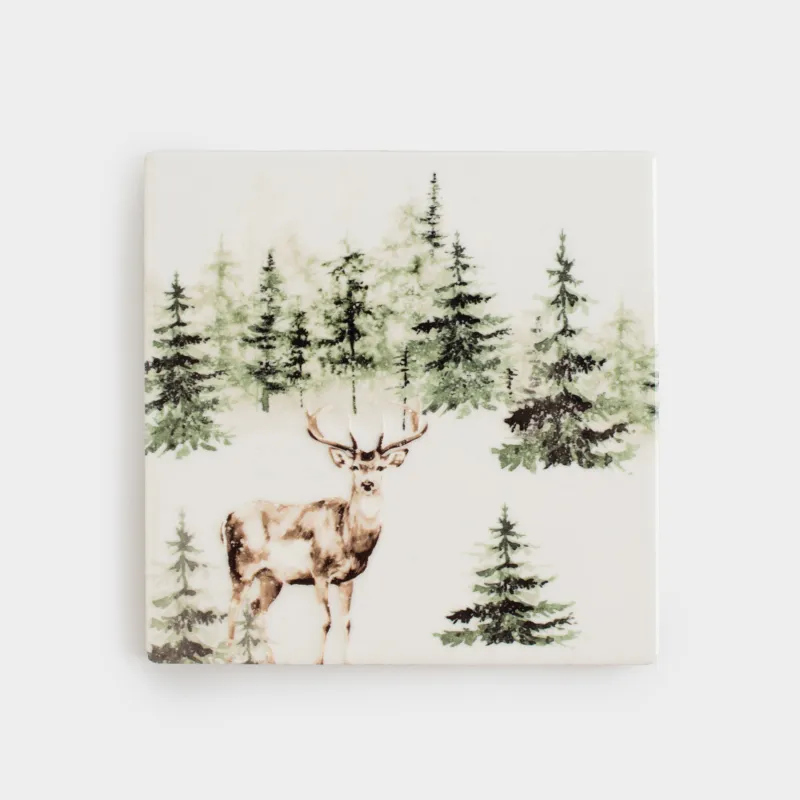 Подставка под кружку, 11х11 см, квадратная, керамика/пробка, Олень в лесу, Woodland story