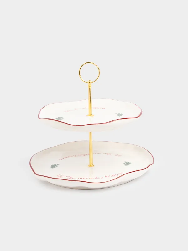 Подставка для пирожных, 23х21/26 см, 2 яруса, керамика/металл, Еловые ветки, Christmas tree, image-0