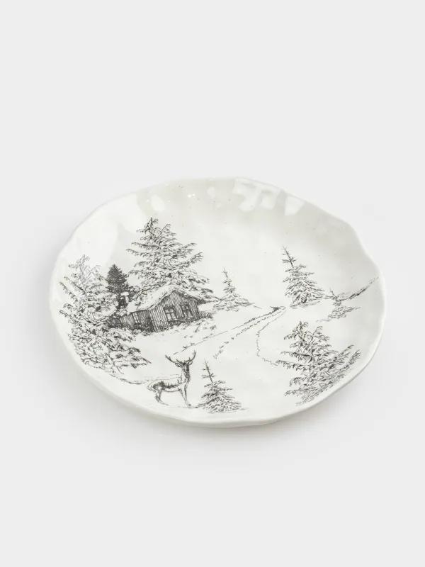Тарелка обеденная, 28 см, керамика, белая, Олень у дома в лесу, Crumple print, image-1