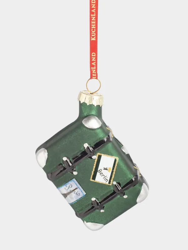 Игрушка елочная, 8 см, стекло, с блестками, зелено-серая, Чемодан, Figure christmas, image-0