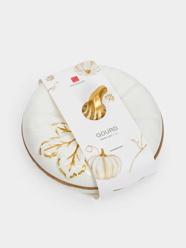 Форма для запекания, 26х14 см, 1,5 л, с крышкой, керамика, молочно-золотистая, Тыква с листом, Gourd, image-5