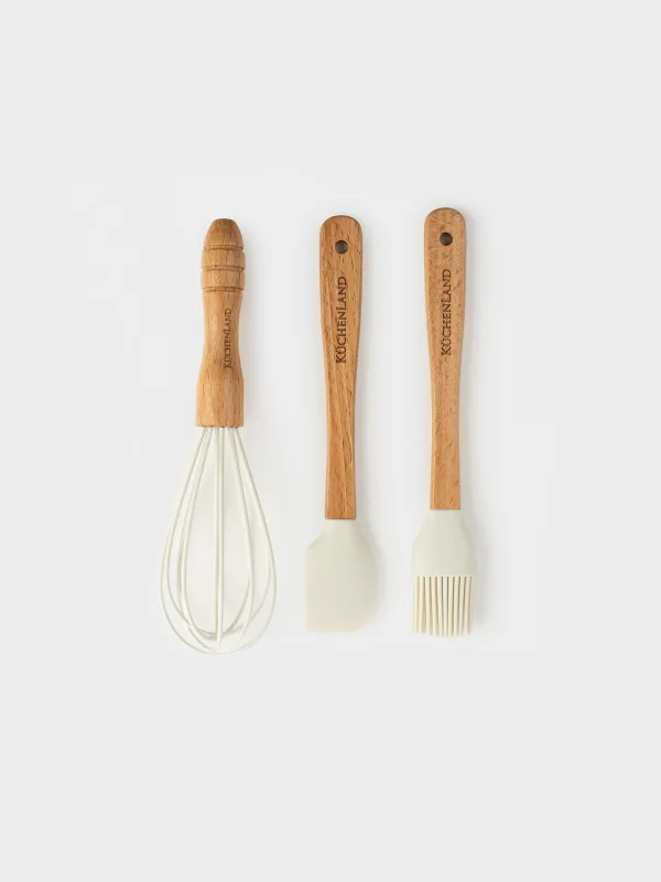 Набор для выпечки, 3 пр, лопатка/венчик/кисть, силикон/дерево, молочный, Bakery, image-0