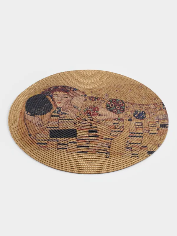 Салфетка под приборы, 38 см, полипропилен/ПЭТ, круглая, золотистая, Поцелуй, Климт, Circle print, image-1