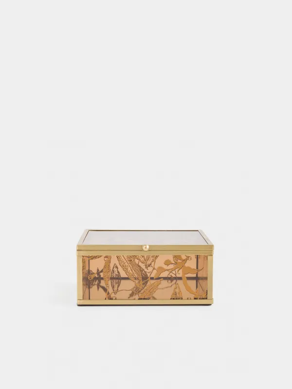 Шкатулка для украшений, 15х16 см, стекло/металл, золотистая, Листья, Collection, image-1