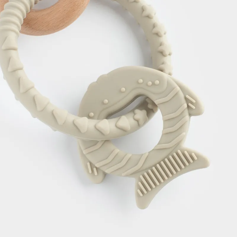 Игрушка-прорезыватель, 2 подвески, на кольце, силикон/дерево, серая, Рыбка и кольцо, Kiddy, image-7