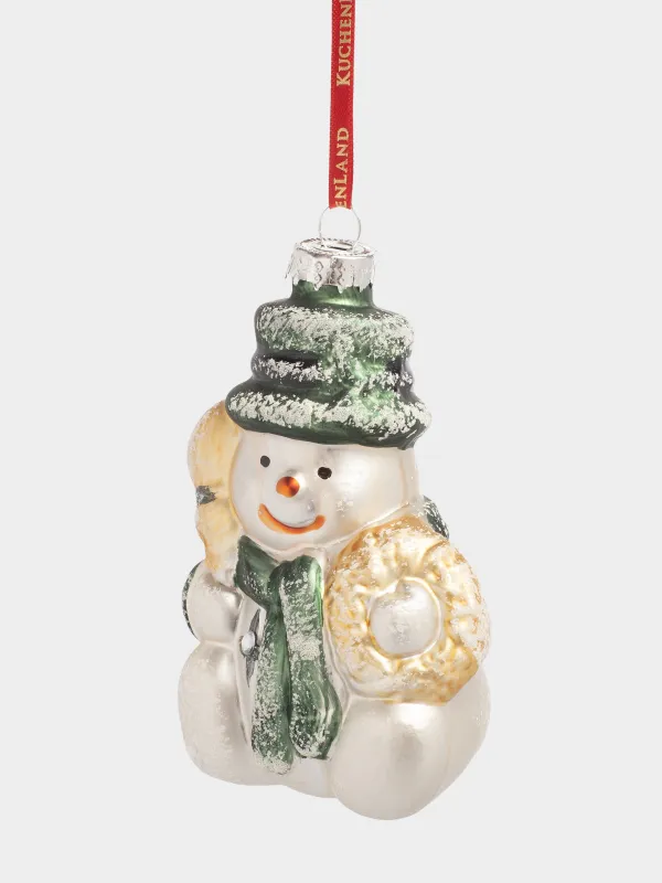 Игрушка елочная, 10 см, стекло, с блестками, бело-зеленая, Снеговик, Figure christmas, image-1