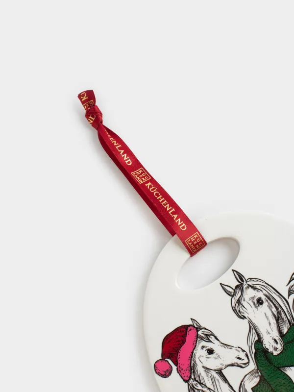 Подставка под горячее, 15x20 см, керамика/пробка, овальная, белая, Лошади в шарфах, Horse trio, image-4