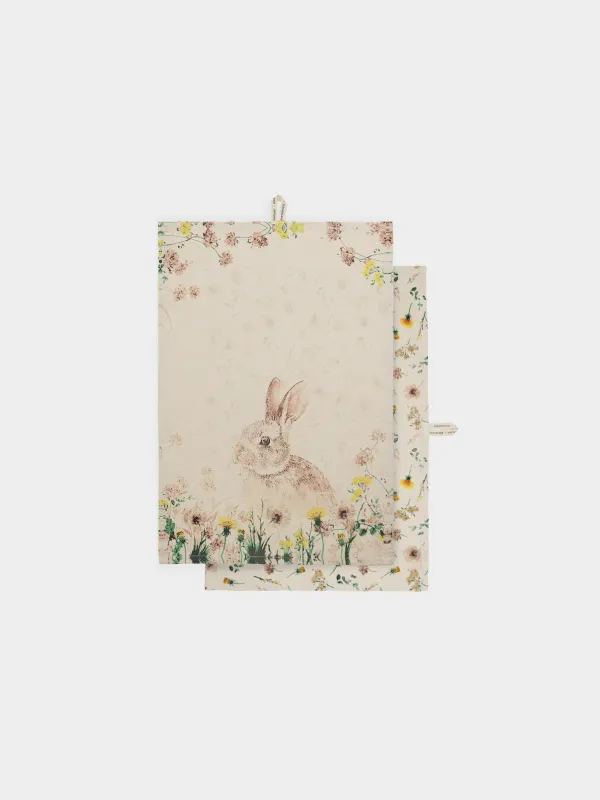 Полотенце кухонное, 40х60 см, 2 шт, хлопок, бежевое, Кролик и цветы, Rabbit in flowers, image-0