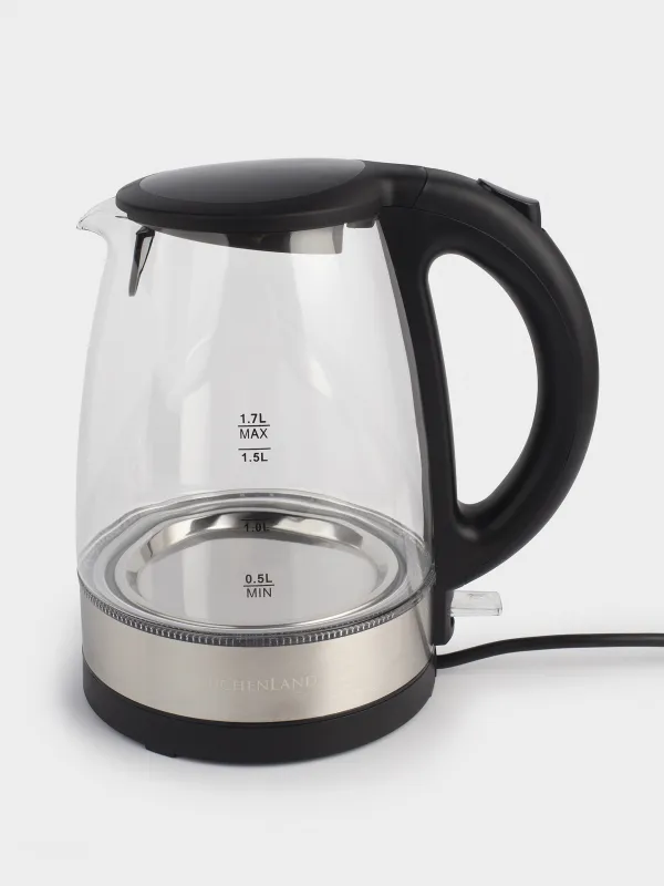 Чайник электрический, 1,7 л, 1850-2200 Вт, стекло Б/пластик, с подсветкой, черный, Progress plus, image-1