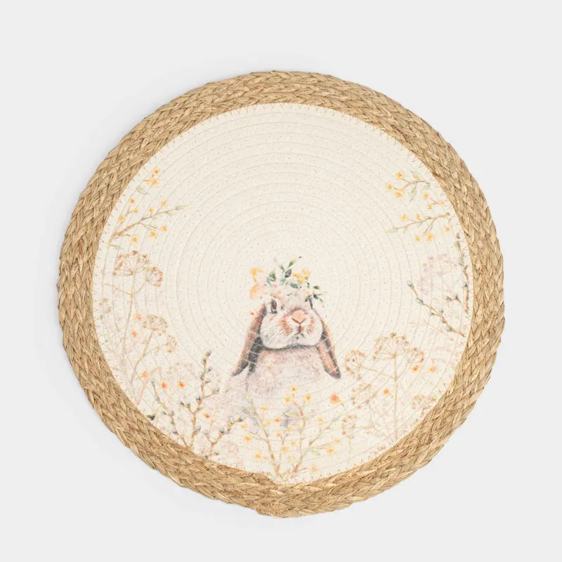 Салфетка под приборы, 38 см, полиэстер/морская трава, круглая, песочно-белая, Кролик, Easter