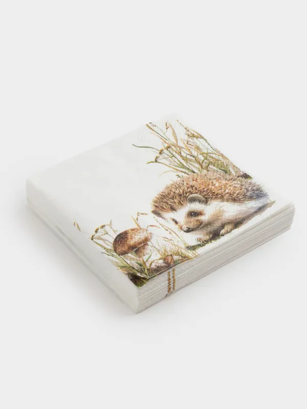 Салфетки бумажные, 21х21 см, 20 шт, квадратные, белые, Еж, Forest hedgehog, image-1