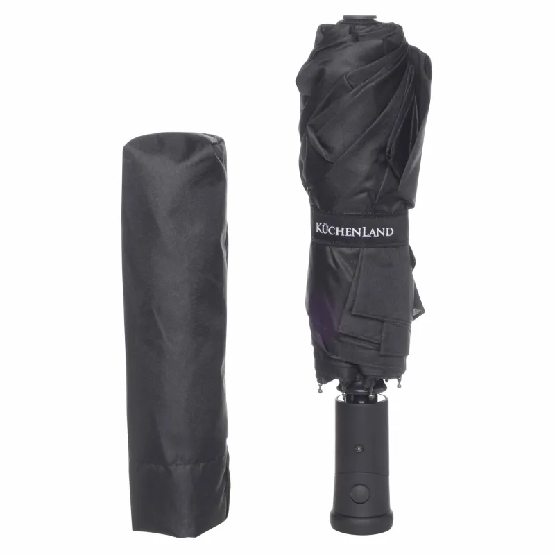 Зонт, 59/30 см, складной, автоматический, с фонариком, эпонж, черный, Ray light, image-4