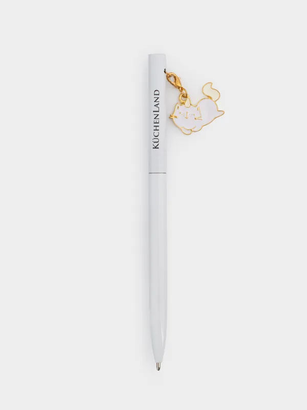 Ручка шариковая, 13 см, с подвеской, сталь, бежевая, Кот-единорог, Cat-unicorn, image-0