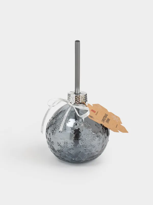 Банка для напитков, 400 мл, с крышкой и трубочкой, стекло, серая, Шар, Christmas drink, image-4
