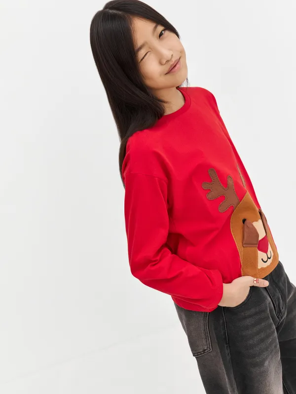 Лонгслив детский, хлопок, красный, Олень, Amelia, image-2
