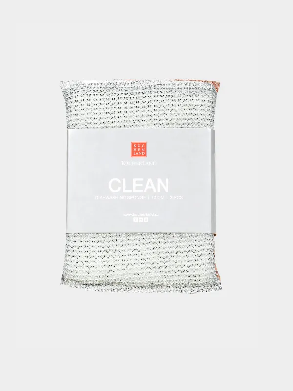 Губка для мытья посуды, 13х9 см, 2 шт, дакрон/поролон, золотистая/серебристая, Clean, image-1