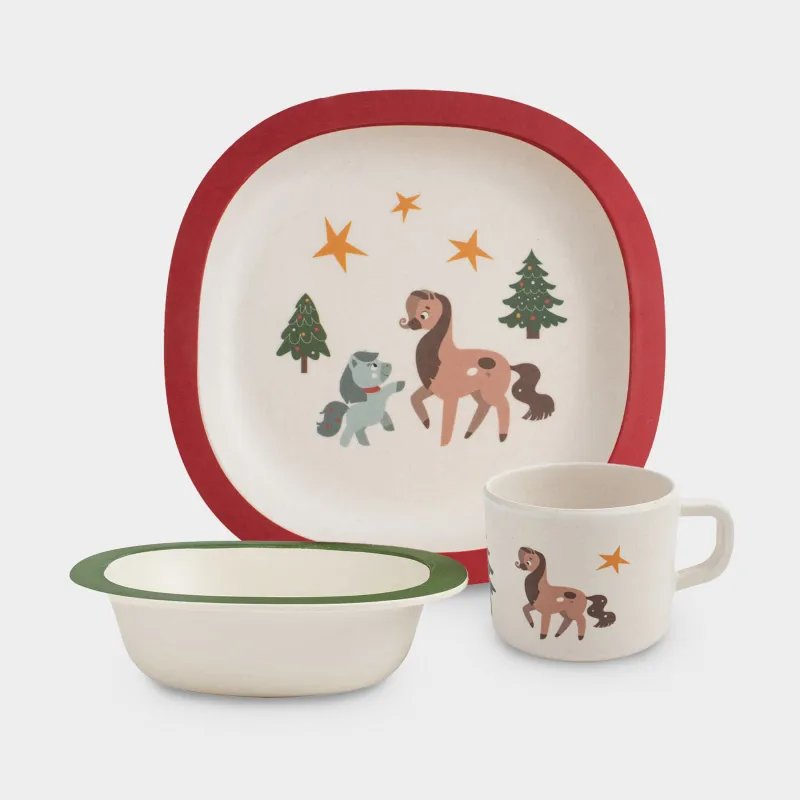 Набор посуды, детский, 1 перс, 3 пр, бамбук, красно-зеленый, Лошадки с елкой, Little horse