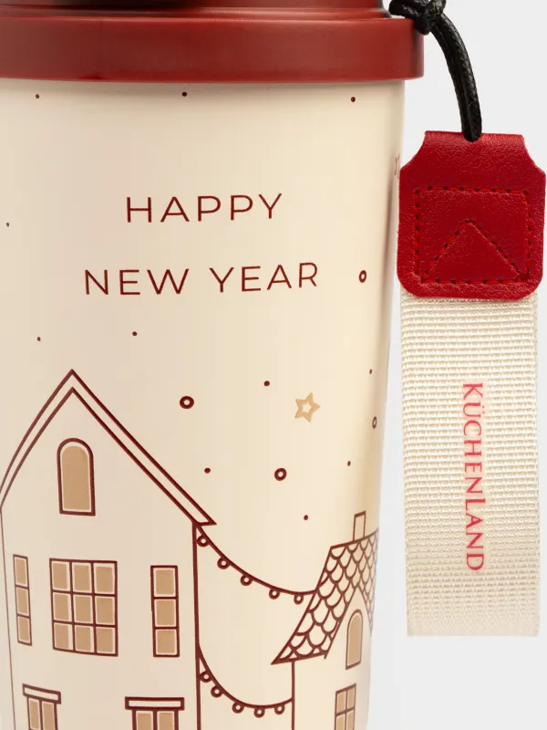 Термокружка, 500 мл, клапан/трубочка, с ремешком, сталь/пластик, бежево-красная, Ballad, image-3