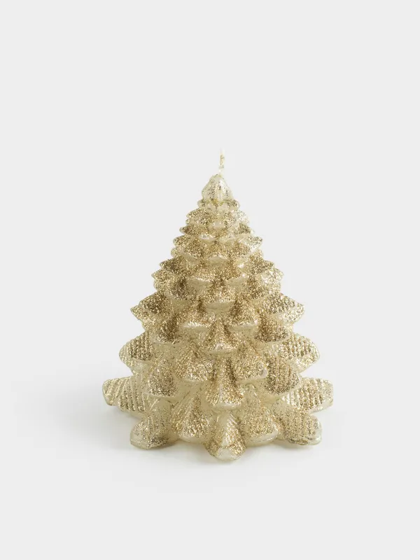 Свеча, 11x12 см, с блестками, шампань, Елка, Fir candle, image-0