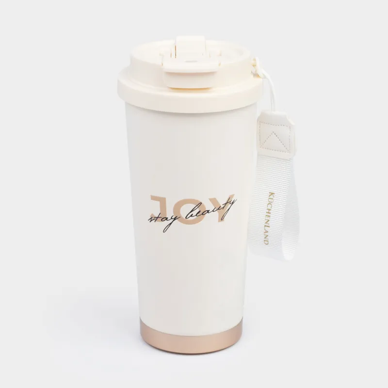 Термокружка, 500 мл, клапан/трубочка, с ремешком, сталь/пластик, бежево-золотистая, Ballad