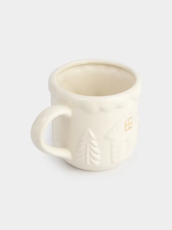 Кружка, 450 мл, керамика, молочно-золотистая, Дом с елками, Snow sparks, image-1