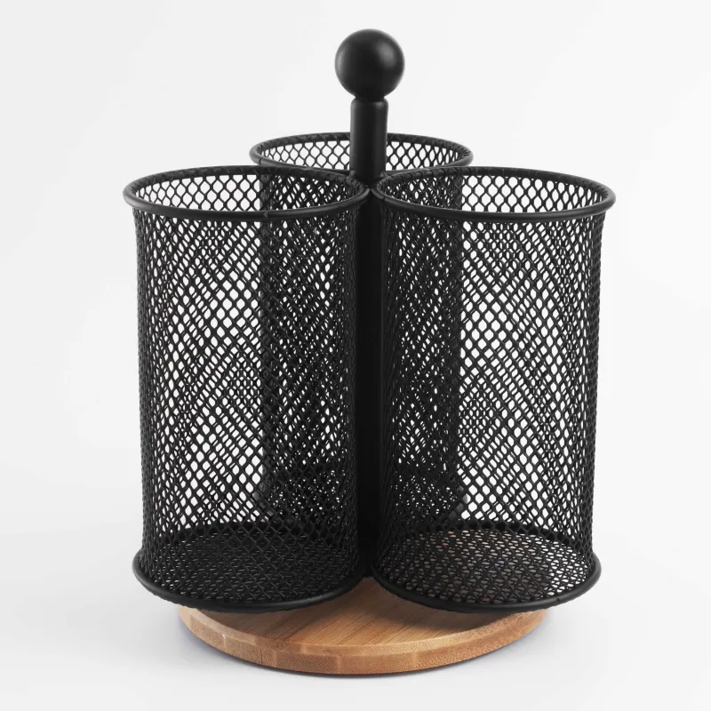 Подставка для кухонных принадлежностей, 15 см, 3 отд, с ручкой, металл/бамбук, черная, X-Loft