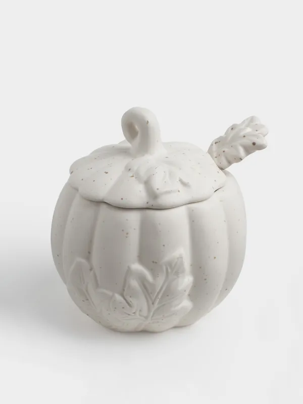 Сахарница, 12 см, 460 мл, с ложкой, керамика, молочная, в крапинку, Тыква, Slight frost, image-0