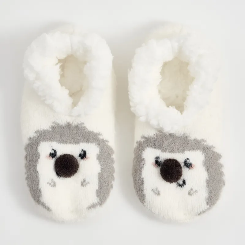 Носки детские, домашние, с помпоном, акрил/шерпа, молочные, Еж, Funny warm