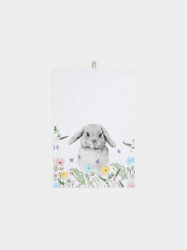 Полотенце кухонное, 40х60 см, хлопок, белое, Кролик в цветах, Rabbit in flowers, image-0