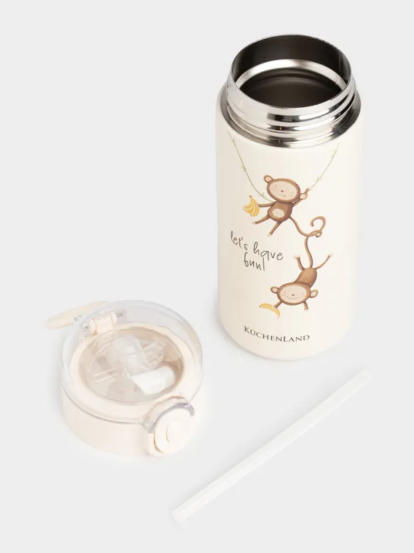 Термос детский, 320 мл, с трубочкой, сталь/пластик, бежевый, Обезьянки, Cute vessel, image-3