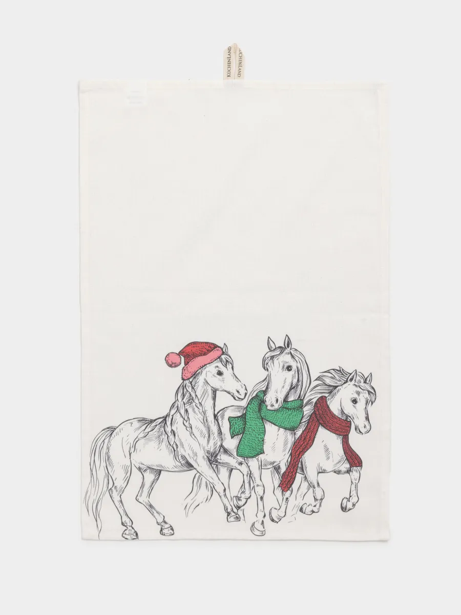 Полотенце кухонное, 40х60 см, 3 шт, хлопок, молочное/зеленое/красное, Графичные лошади, Horse trio, image-1