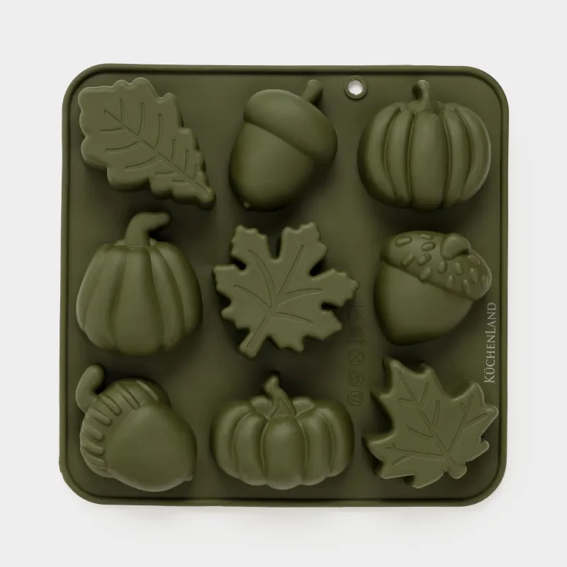 Форма для выпечки кексов, 17x17 см, 9 отд, силикон, зеленая, Осенние мотивы, Bakery