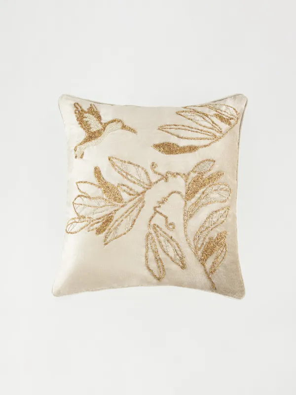 Подушка декоративная, 50х50 см, вельвет/бисер, песочная, Колибри, Paradise birds, image-0
