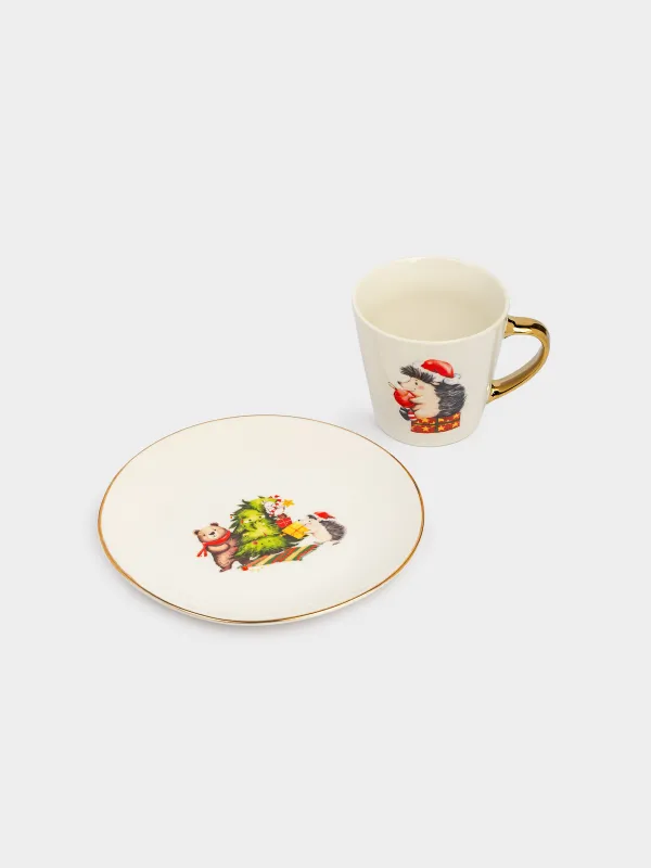 Набор посуды, детский, 1 перс, 2 пр, фарфор N, бело-золотистый, Зверята у елки, Friends forest, image-1