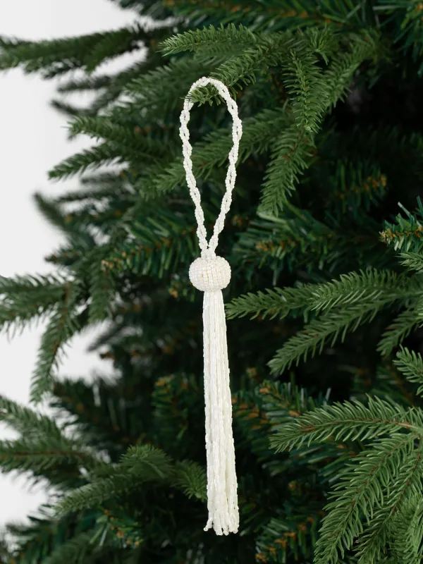Игрушка елочная, 16 см, с кисточкой, бисер, белая, Шар, Ball tassel, image-0