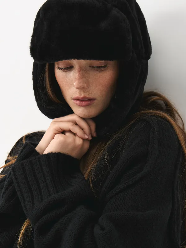 Шапка-ушанка женская, единый размер, искусственный мех, черная, Furry, image-3