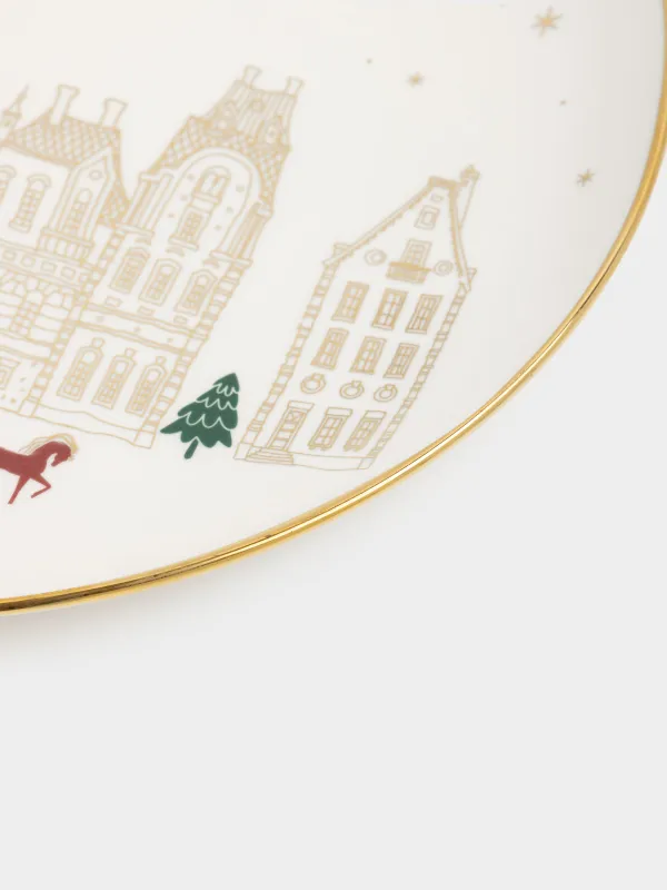 Тарелка обеденная, 27 см, фарфор N, молочно-золотистая, Домики и лошадь, Snow sparks, image-3